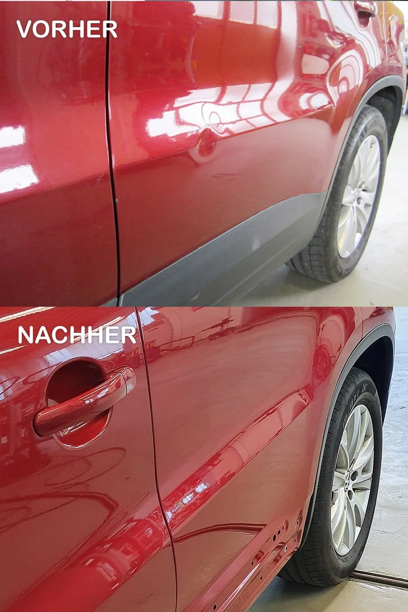 Vorher-Nachher-Collage einer lackschadenfreien Reparatur