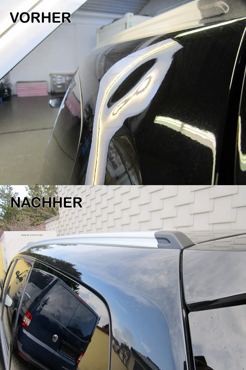 Vorher-Nachher-Collage einer Delle am Fahrzeug
