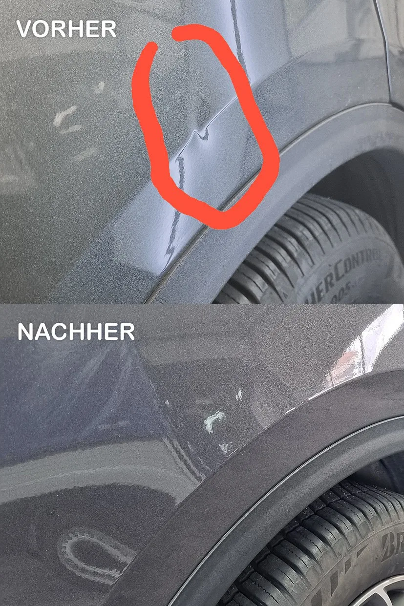 Vorher-Nachher-Collage einer Hagelschadenreparatur